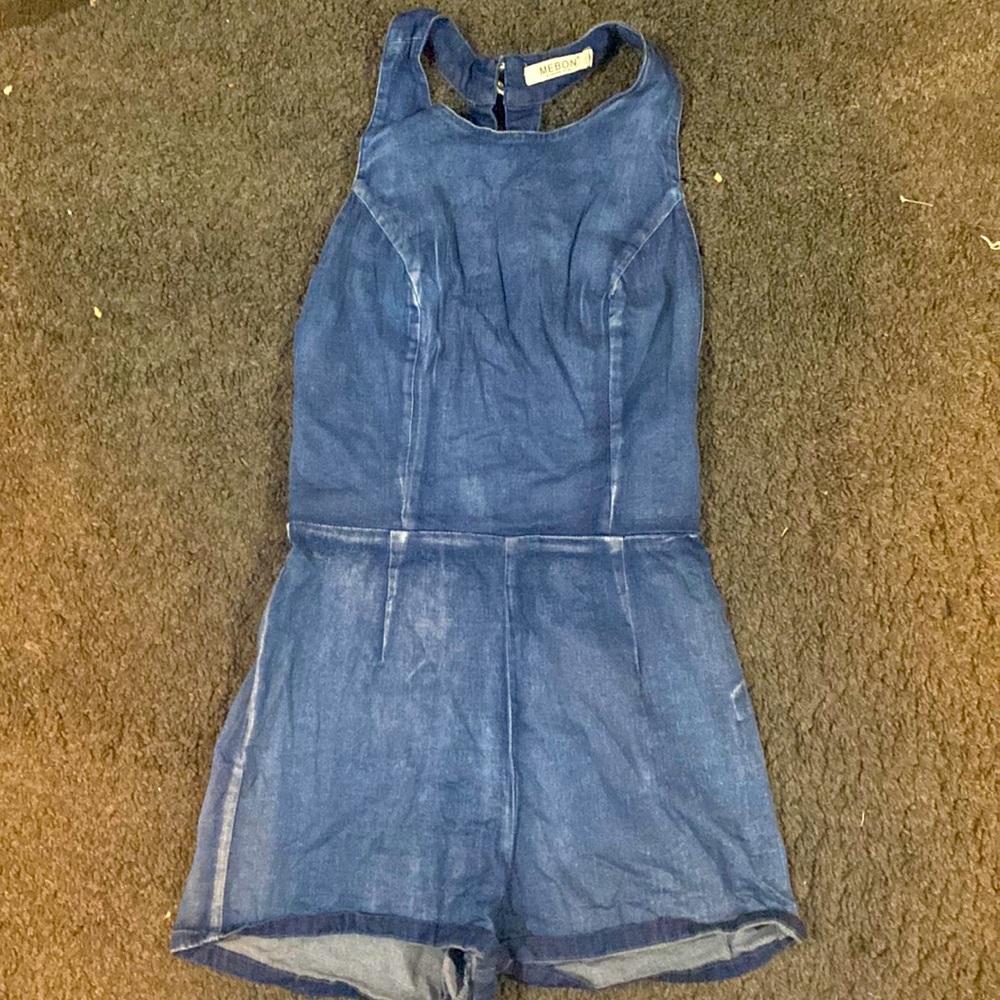Denim romper with zipper in the back and cut out on the back